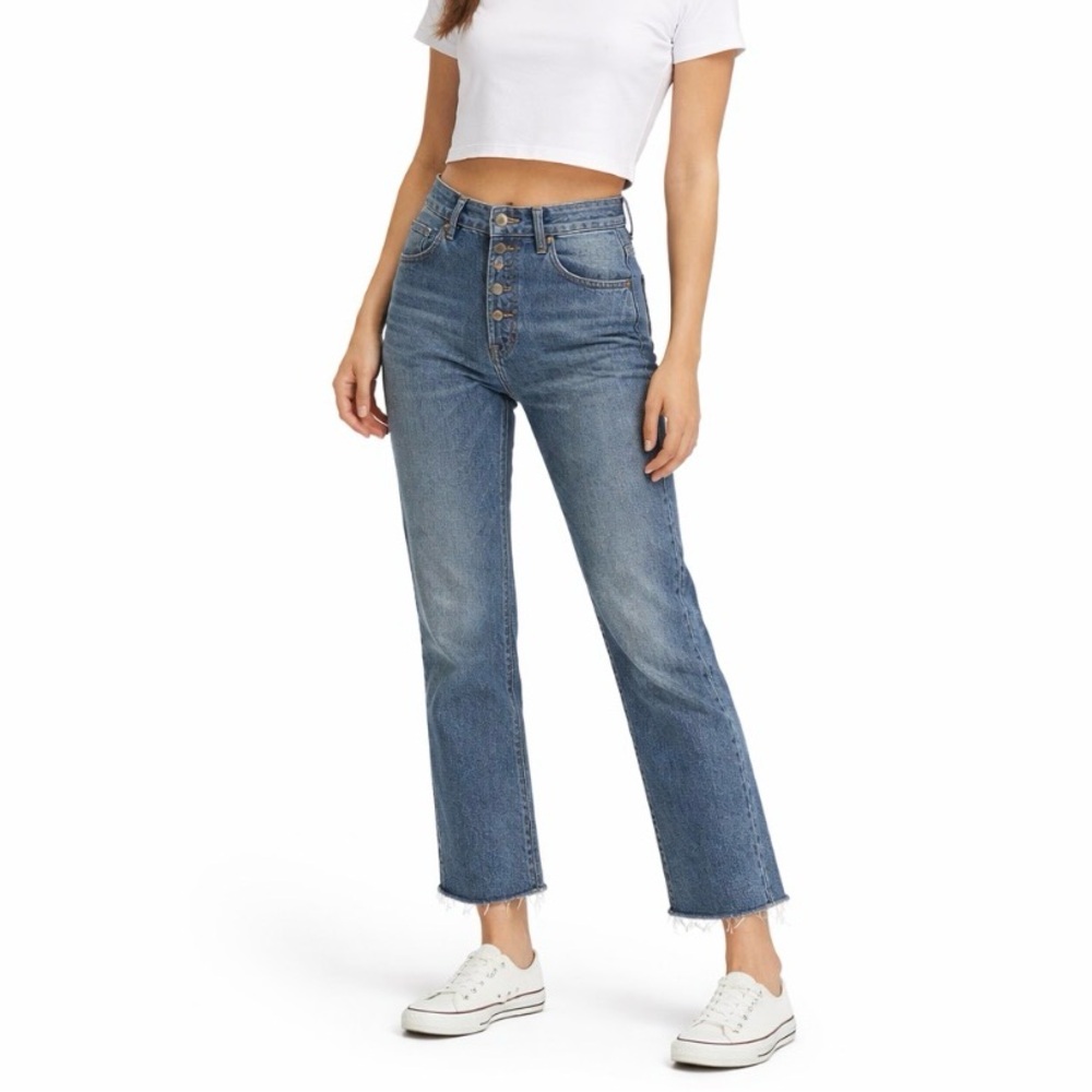 KFK Catherine Boyfriend Mid Rise Button Fly Raw Hem Jeans Voice Wash 4